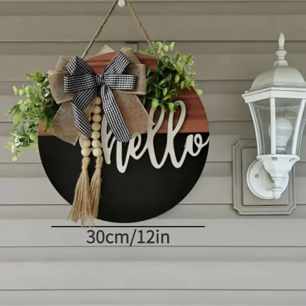 Hello Rustic Farmhouse Welcome Sign Buffalo Check Bow Wood Tassel Beads 11.8